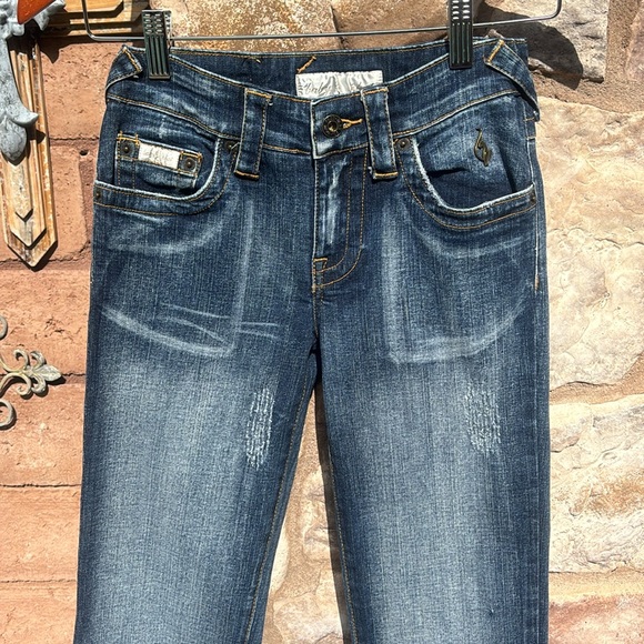 Baby Phat Jeans Flare Boot Cut Y2K Rhinestones Dark Wash Distressed Size 0 - Picture 2 of 15